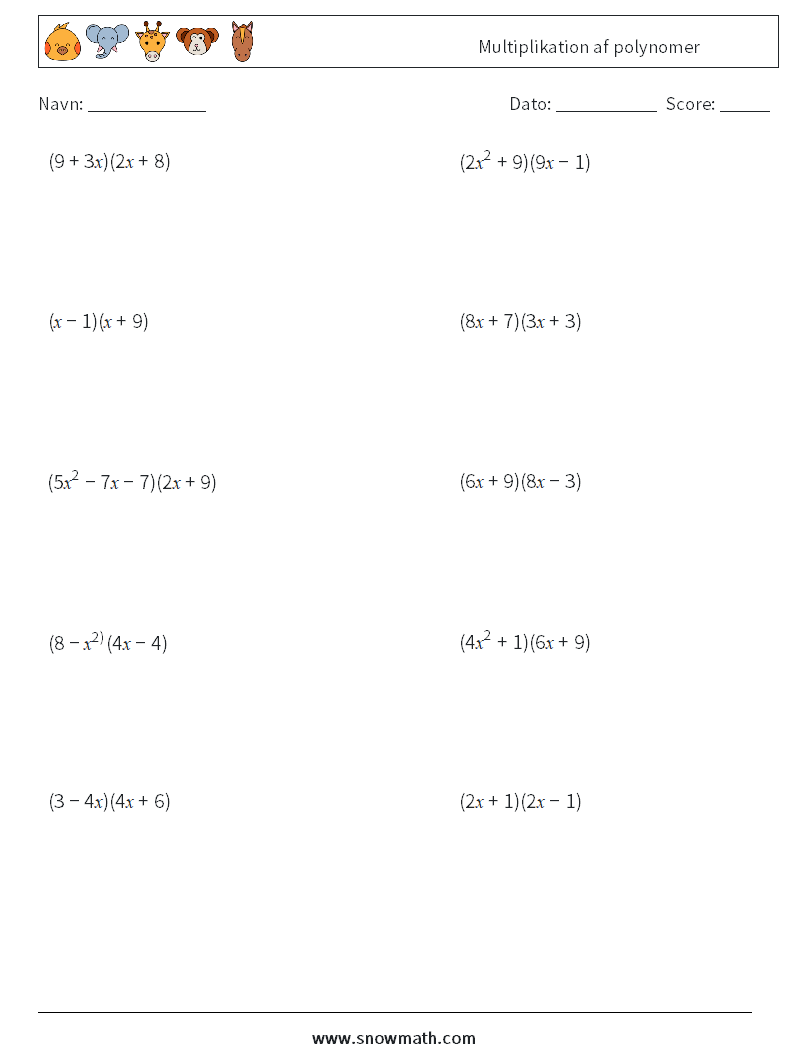 Multiplikation af polynomer Matematiske regneark 9