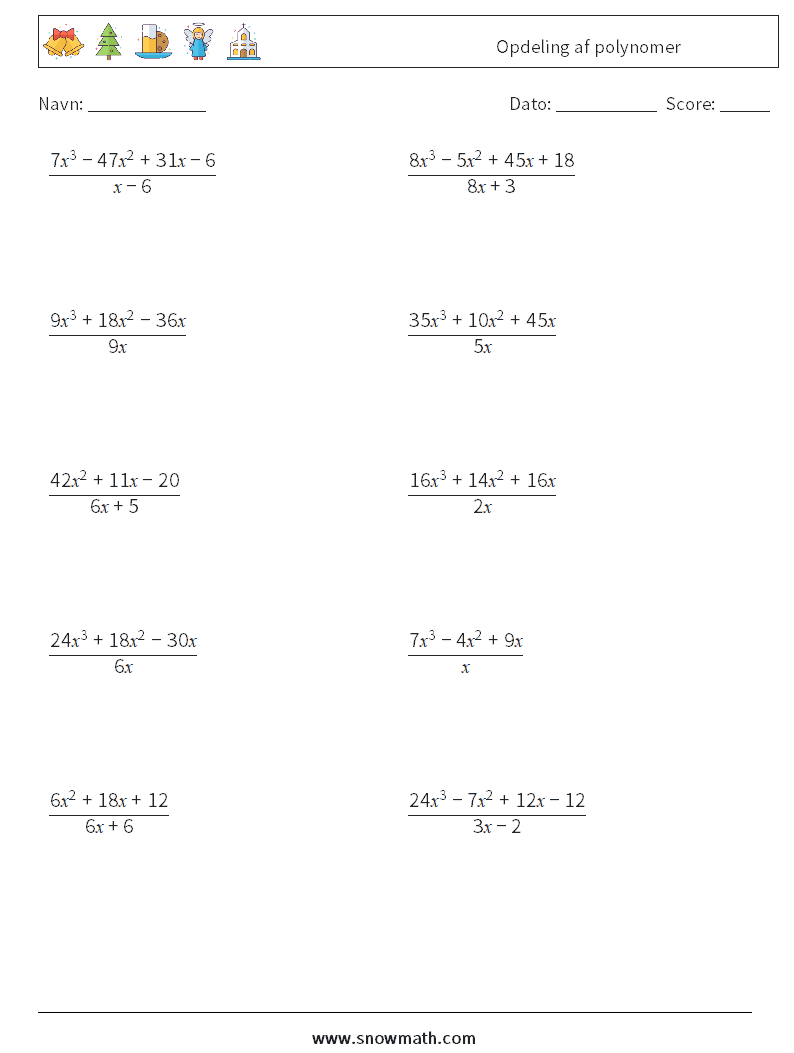 Opdeling af polynomer Matematiske regneark 1