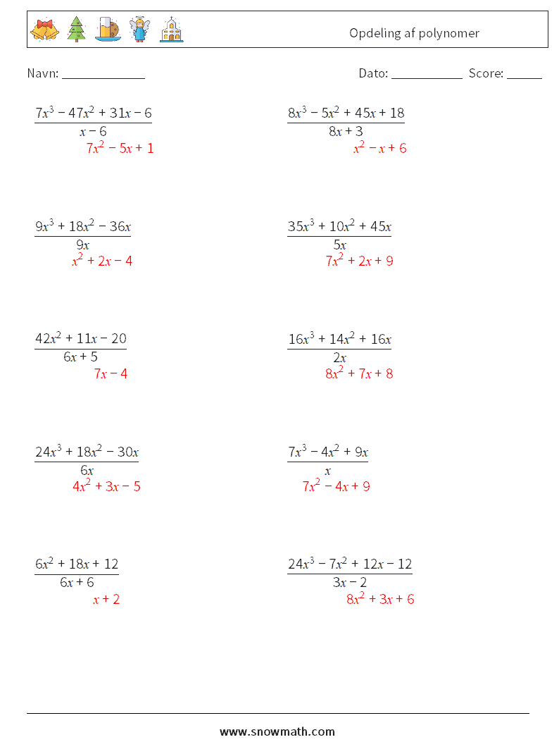 Opdeling af polynomer Matematiske regneark 1 Spørgsmål, svar