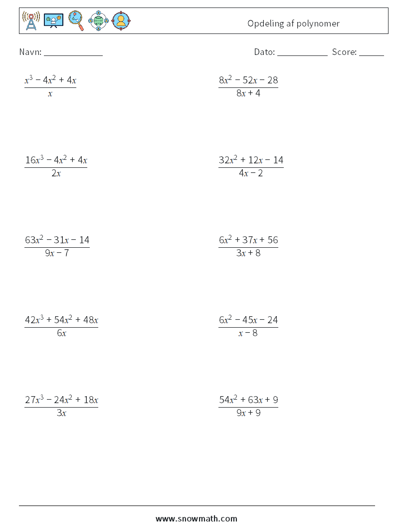 Opdeling af polynomer Matematiske regneark 2