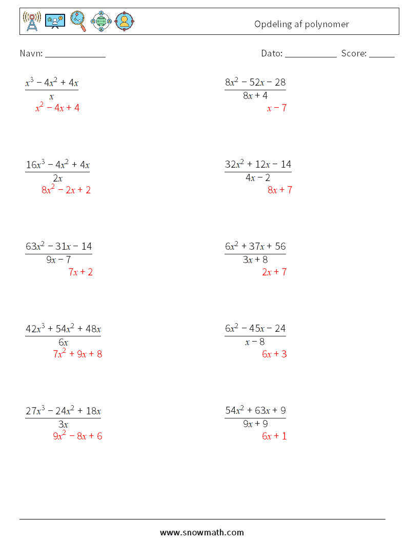 Opdeling af polynomer Matematiske regneark 2 Spørgsmål, svar