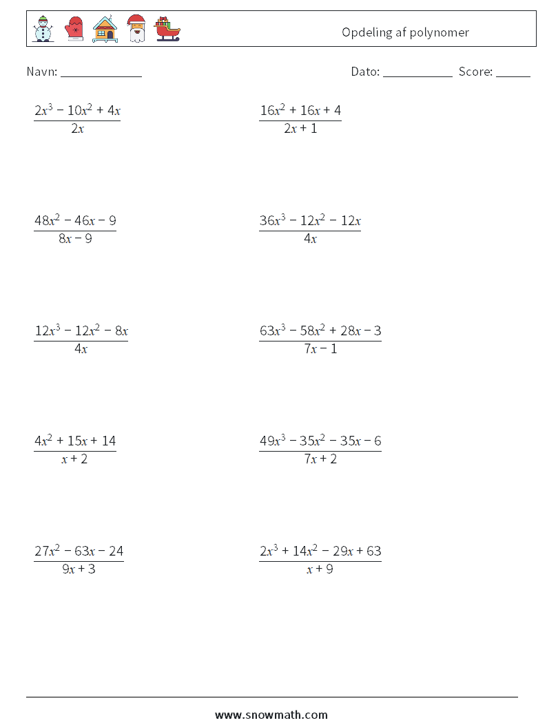 Opdeling af polynomer Matematiske regneark 3