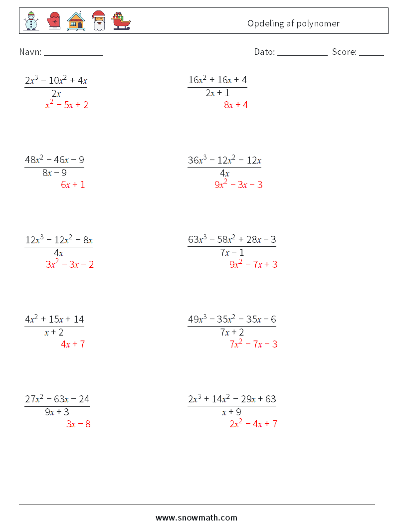 Opdeling af polynomer Matematiske regneark 3 Spørgsmål, svar