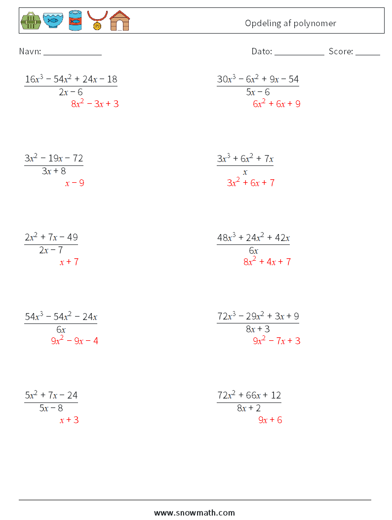 Opdeling af polynomer Matematiske regneark 4 Spørgsmål, svar