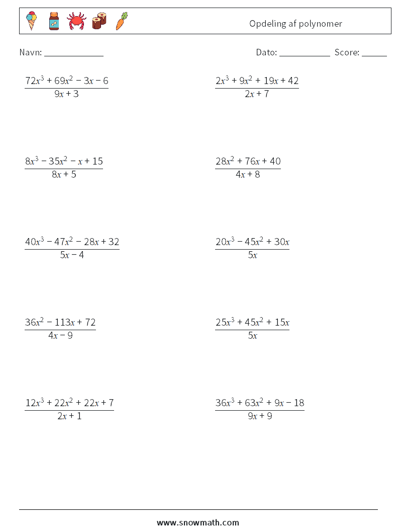 Opdeling af polynomer Matematiske regneark 5