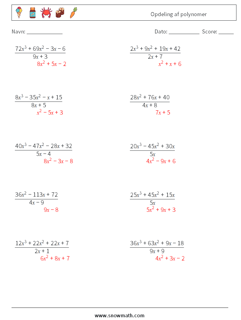 Opdeling af polynomer Matematiske regneark 5 Spørgsmål, svar