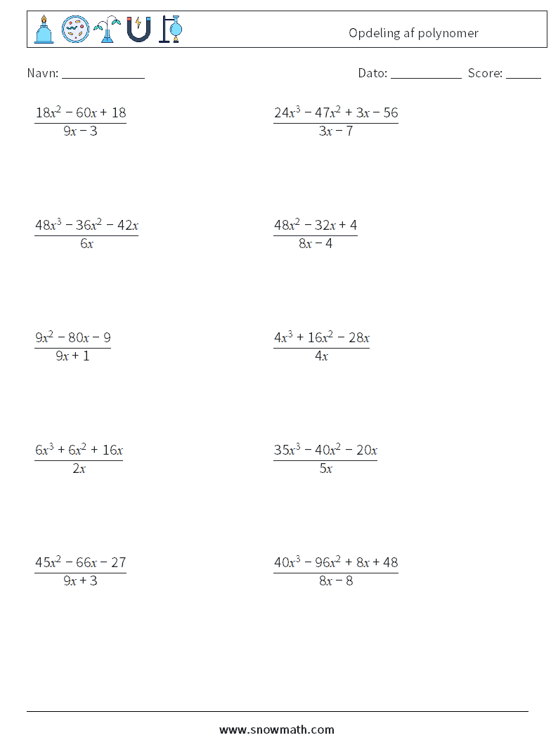 Opdeling af polynomer Matematiske regneark 6