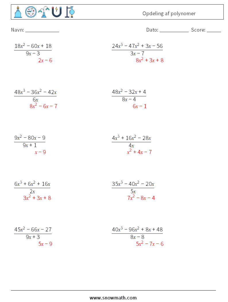 Opdeling af polynomer Matematiske regneark 6 Spørgsmål, svar