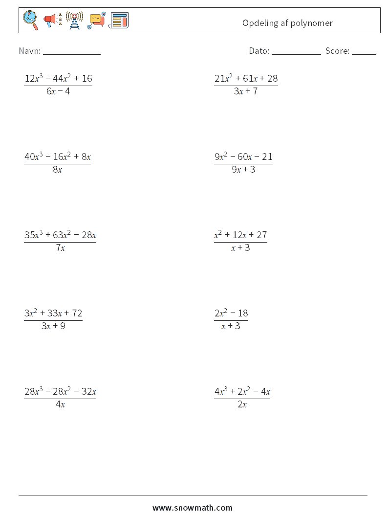 Opdeling af polynomer Matematiske regneark 7