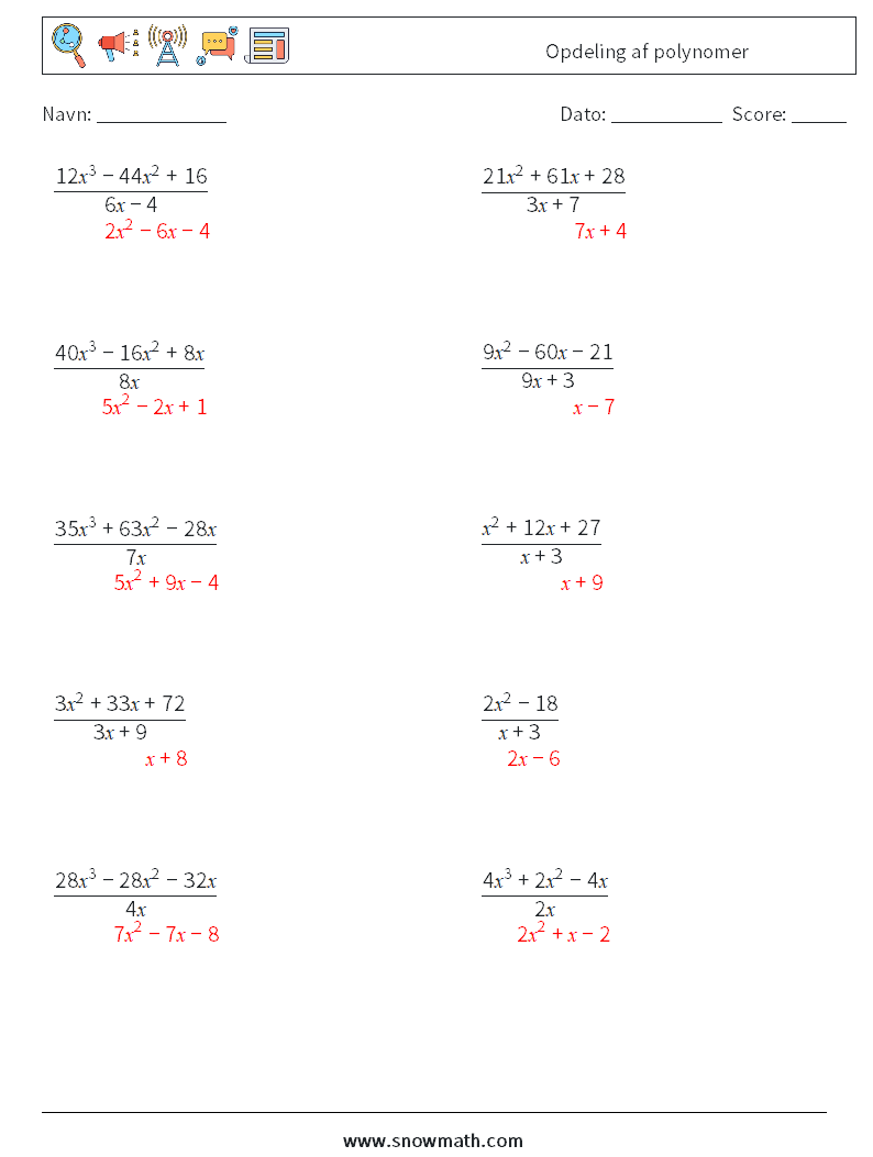 Opdeling af polynomer Matematiske regneark 7 Spørgsmål, svar
