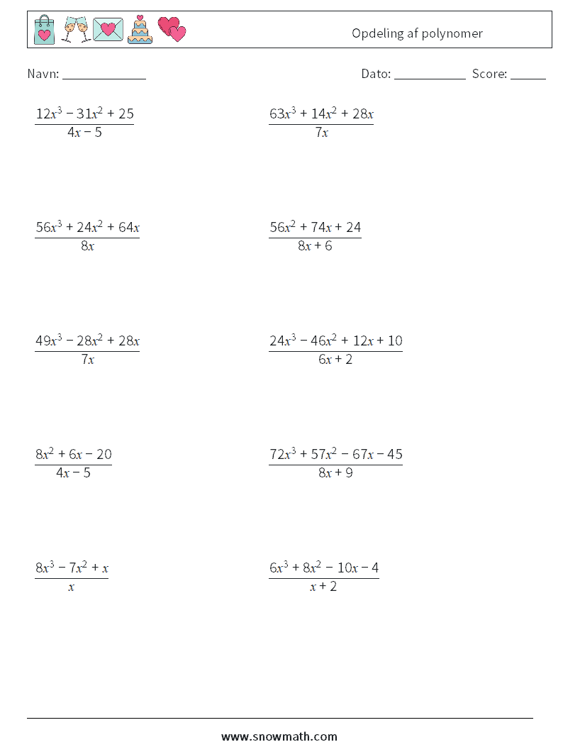 Opdeling af polynomer Matematiske regneark 8