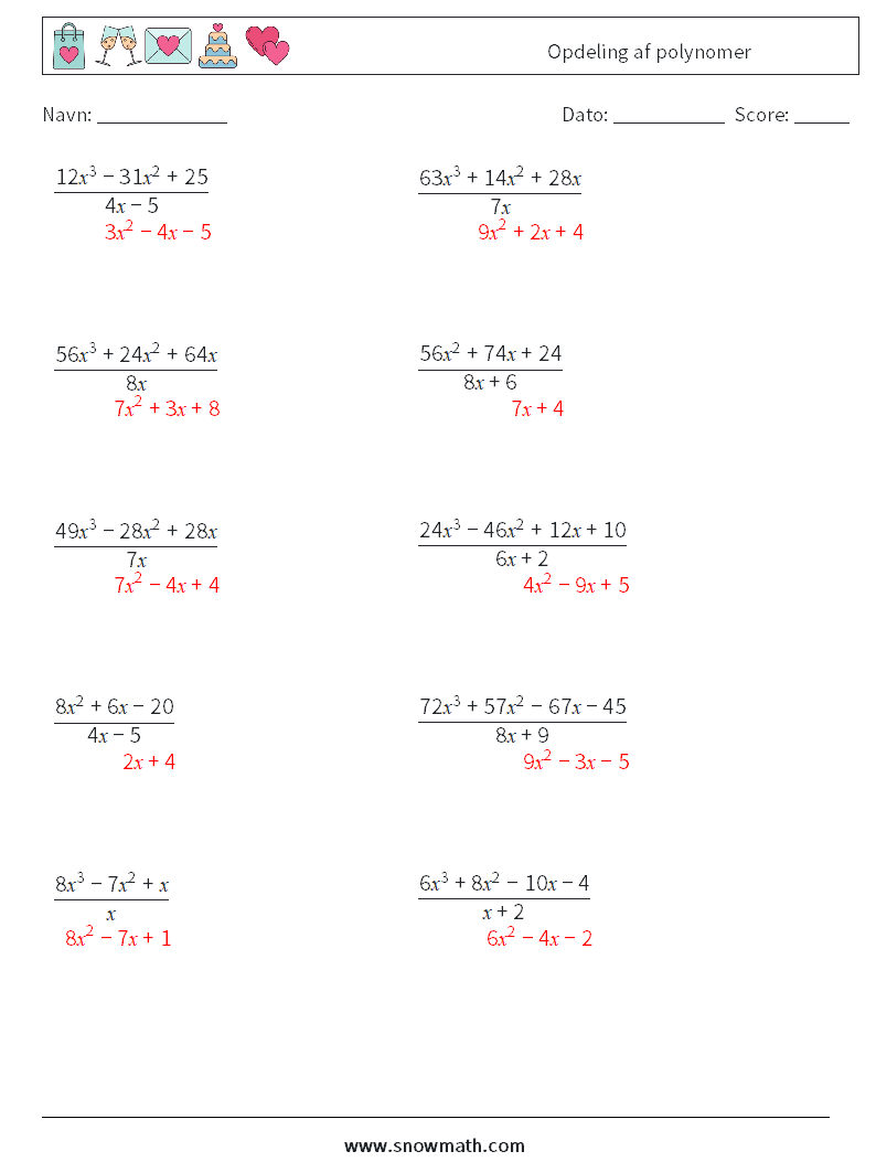 Opdeling af polynomer Matematiske regneark 8 Spørgsmål, svar