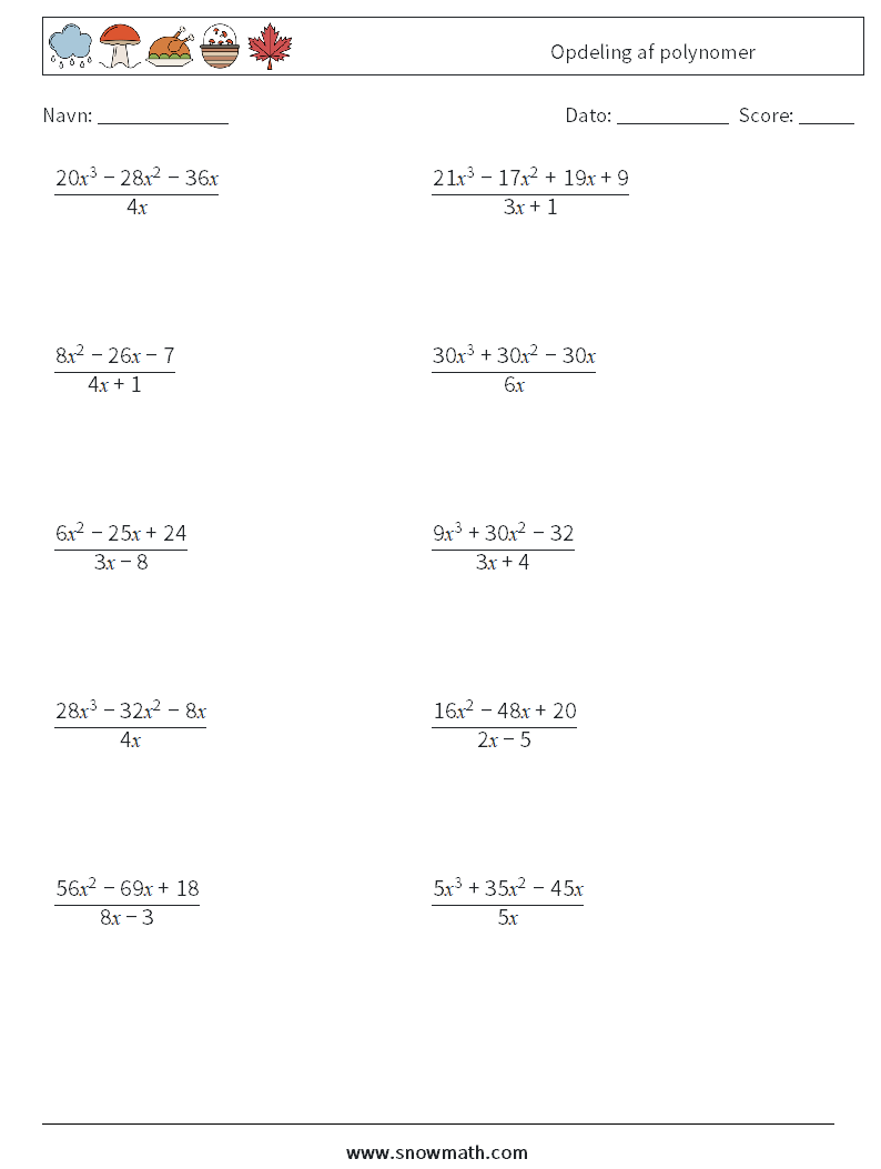 Opdeling af polynomer Matematiske regneark 9