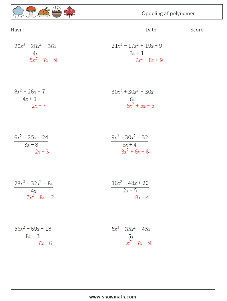 Opdeling af polynomer Matematiske regneark 9 Spørgsmål, svar