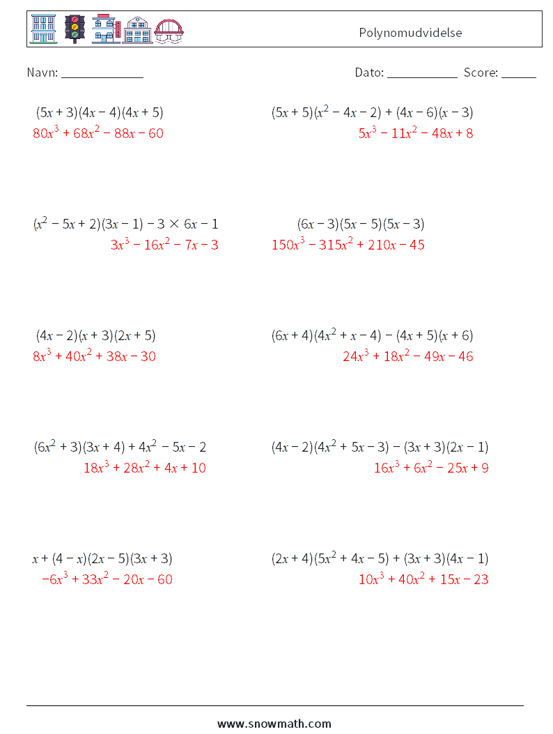 Polynomudvidelse Matematiske regneark 2 Spørgsmål, svar