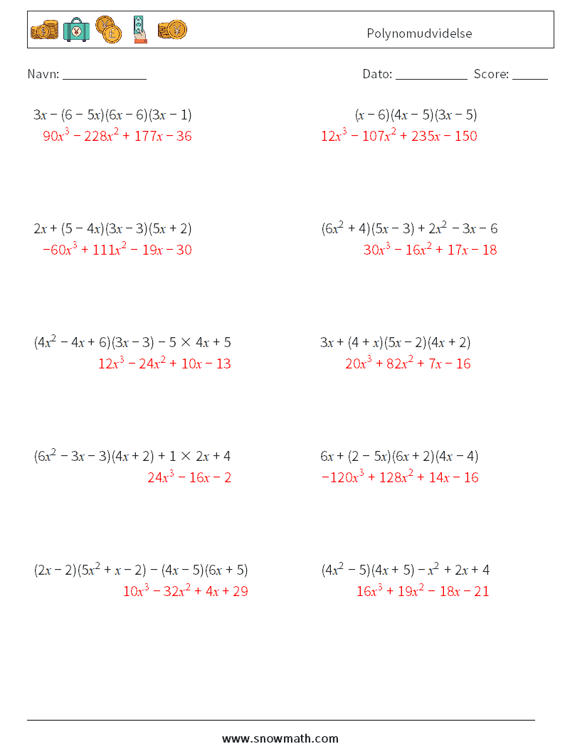 Polynomudvidelse Matematiske regneark 3 Spørgsmål, svar