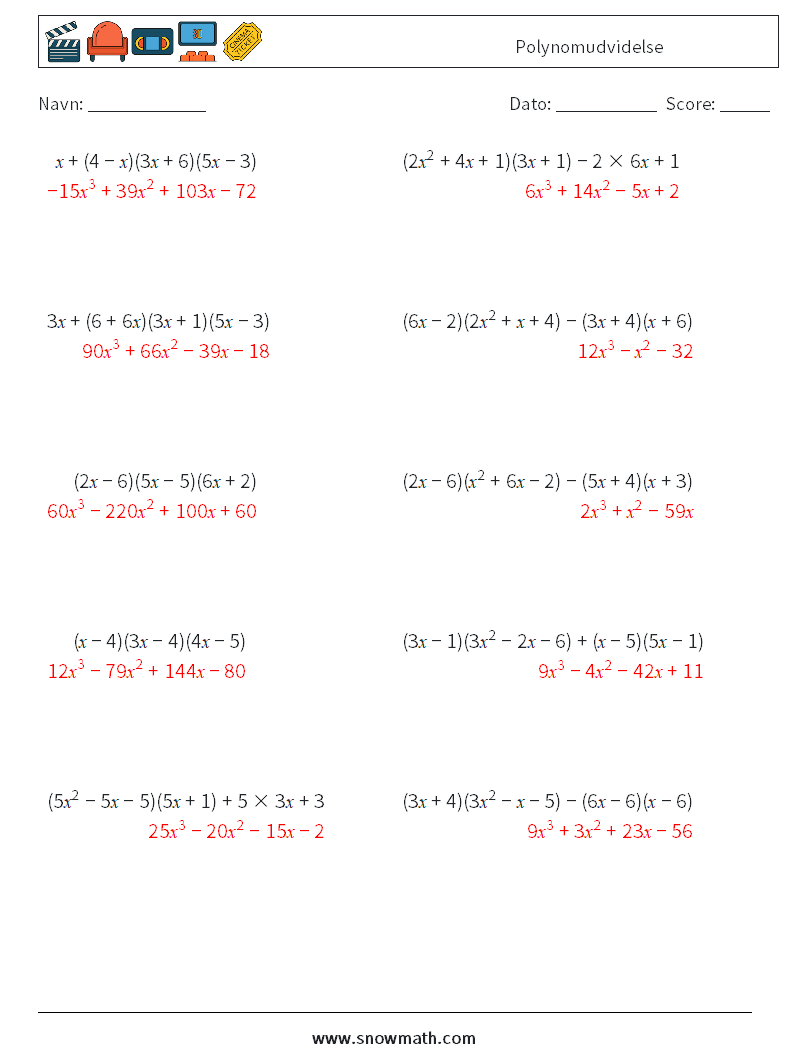 Polynomudvidelse Matematiske regneark 4 Spørgsmål, svar
