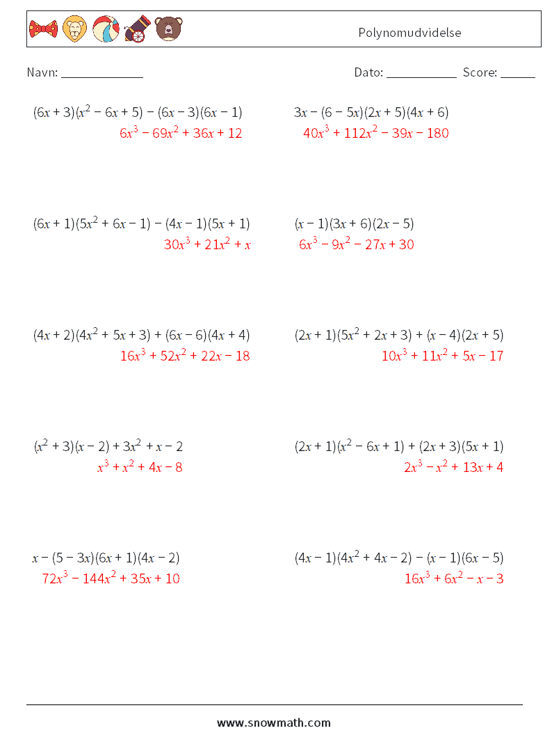 Polynomudvidelse Matematiske regneark 5 Spørgsmål, svar