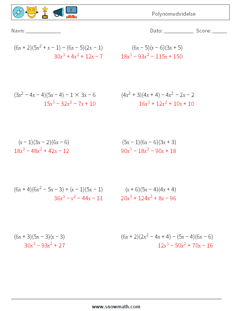 Polynomudvidelse Matematiske regneark 6 Spørgsmål, svar