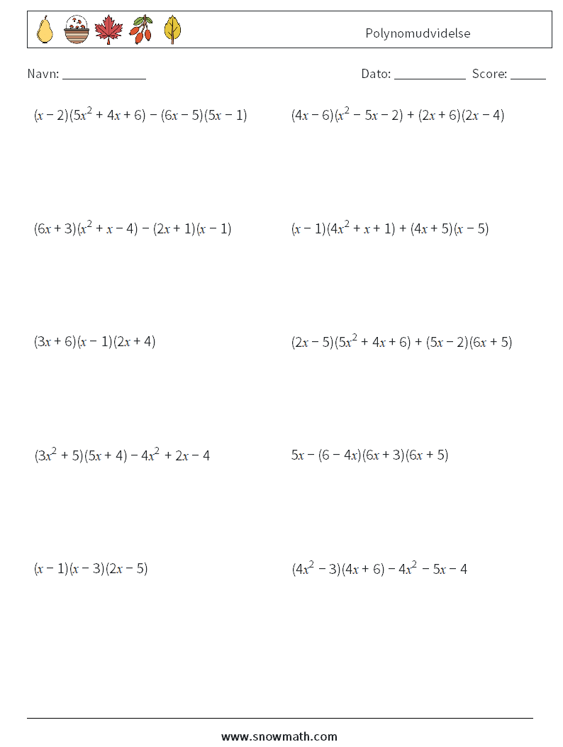 Polynomudvidelse Matematiske regneark 8