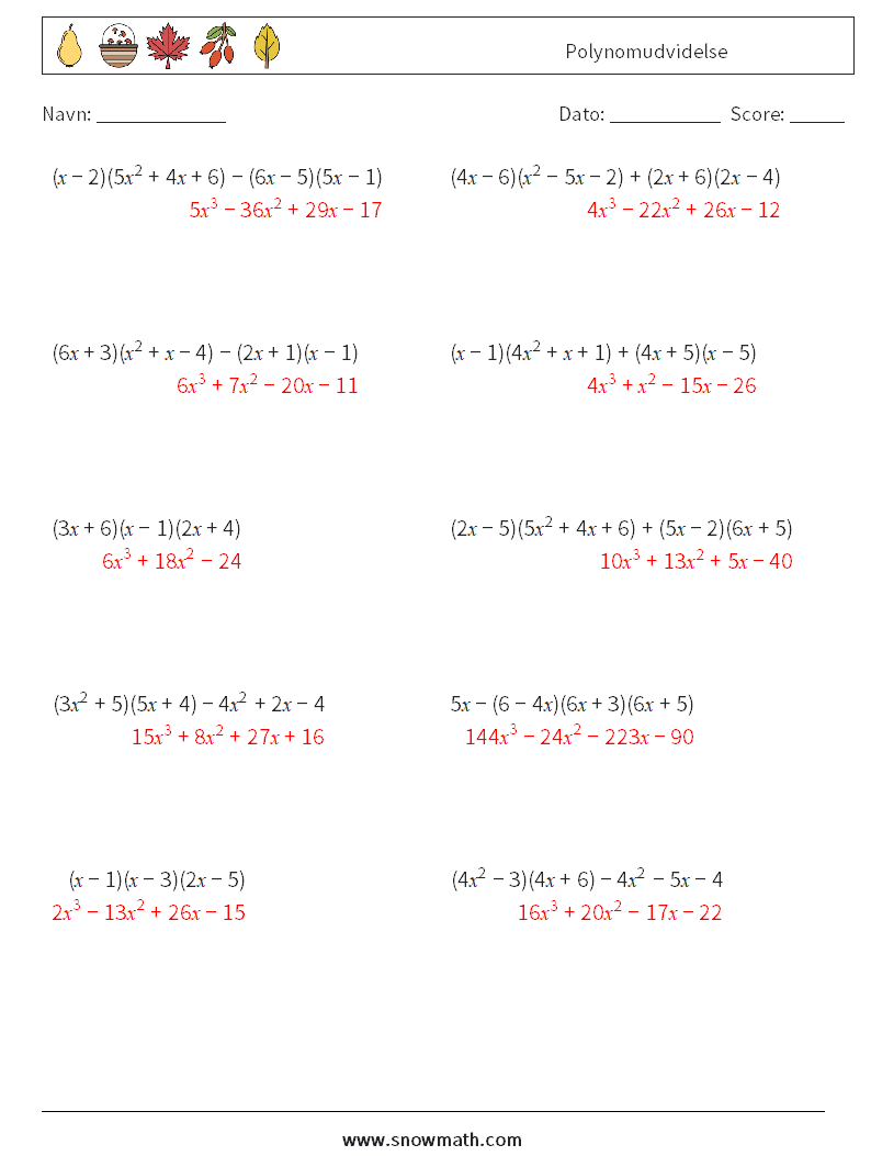 Polynomudvidelse Matematiske regneark 8 Spørgsmål, svar