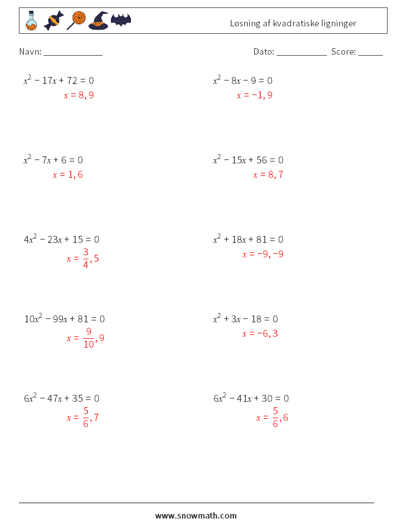 Løsning af kvadratiske ligninger Matematiske regneark 1 Spørgsmål, svar