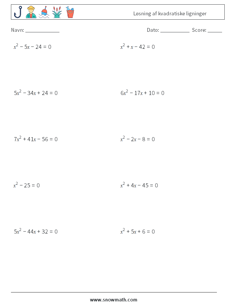 Løsning af kvadratiske ligninger Matematiske regneark 2