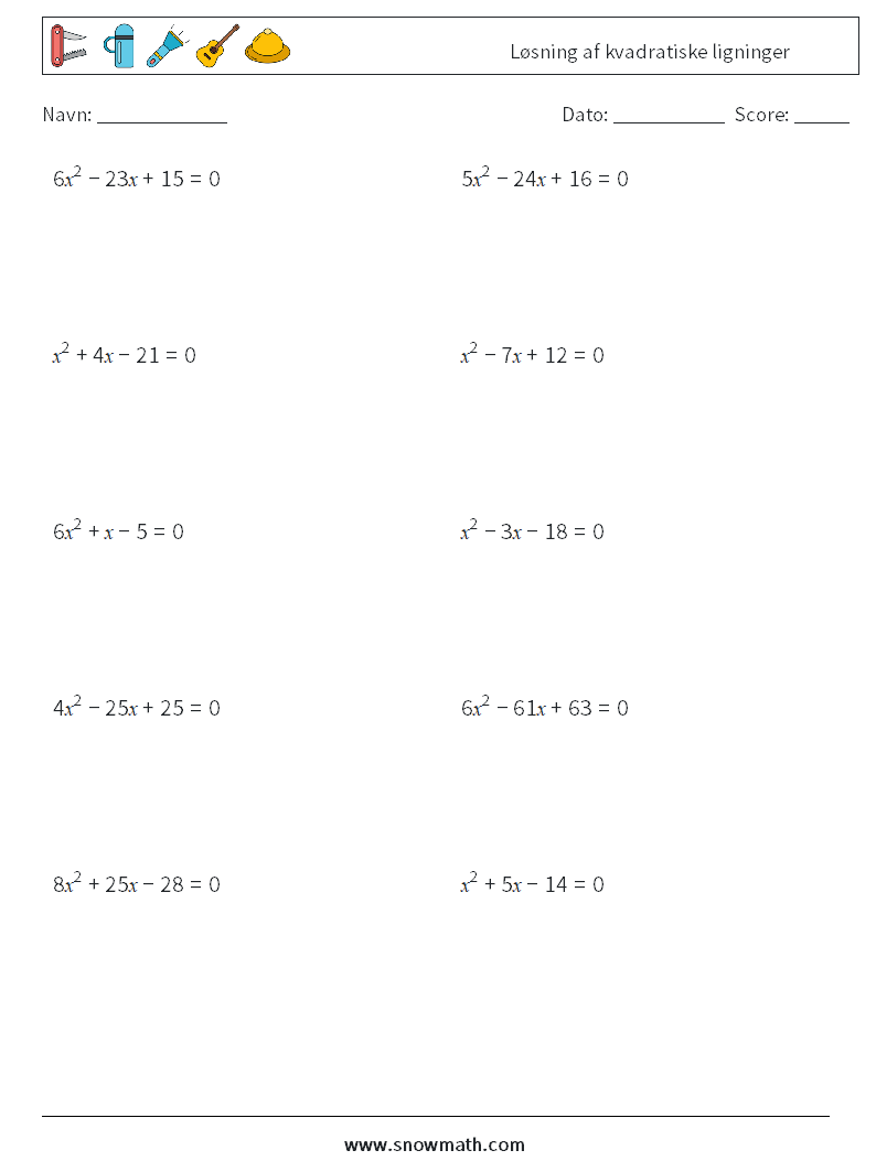 Løsning af kvadratiske ligninger Matematiske regneark 4