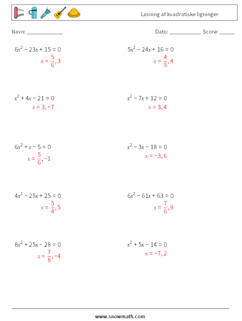 Løsning af kvadratiske ligninger Matematiske regneark 4 Spørgsmål, svar