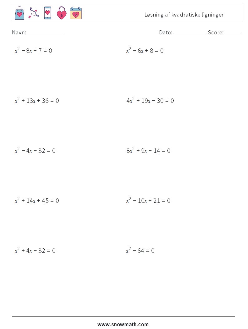 Løsning af kvadratiske ligninger Matematiske regneark 5