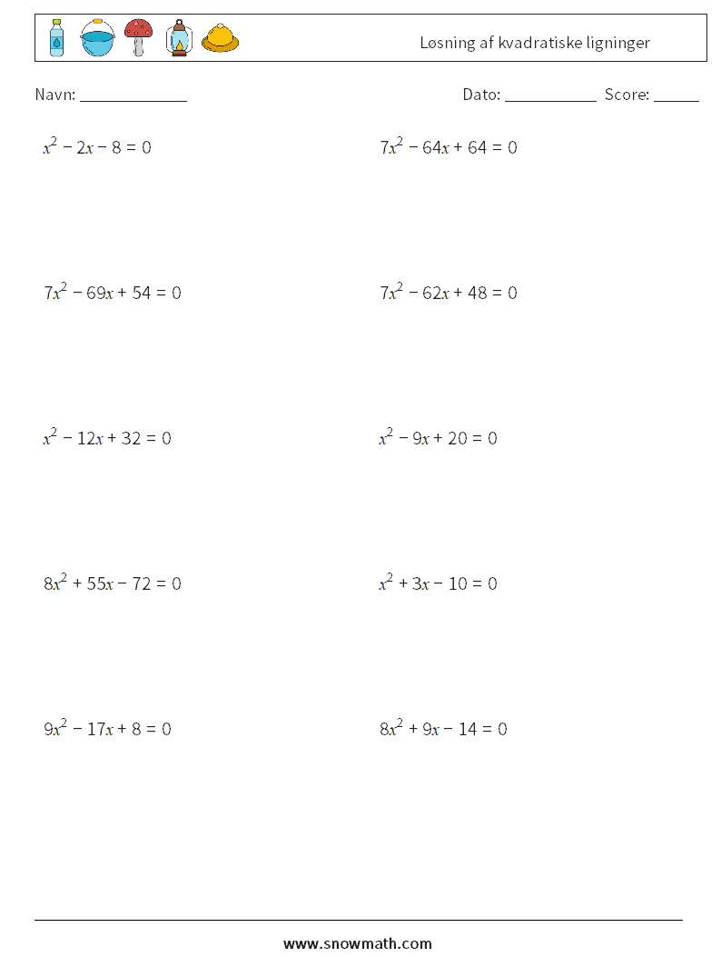 Løsning af kvadratiske ligninger Matematiske regneark 6
