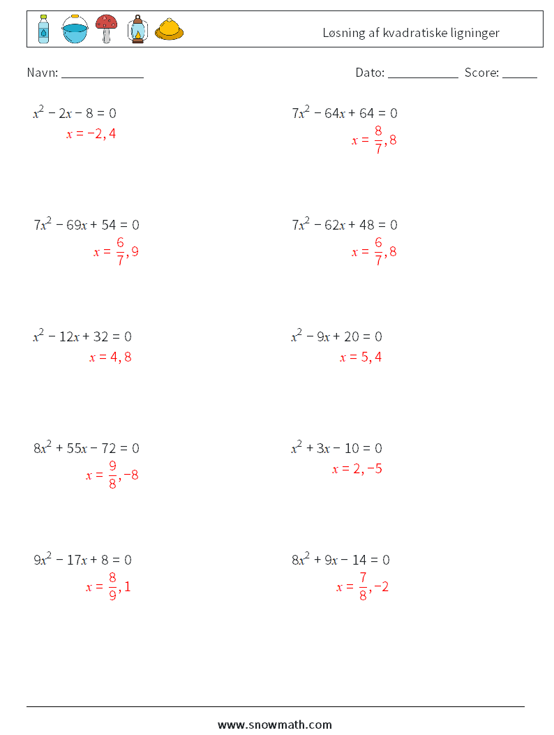 Løsning af kvadratiske ligninger Matematiske regneark 6 Spørgsmål, svar