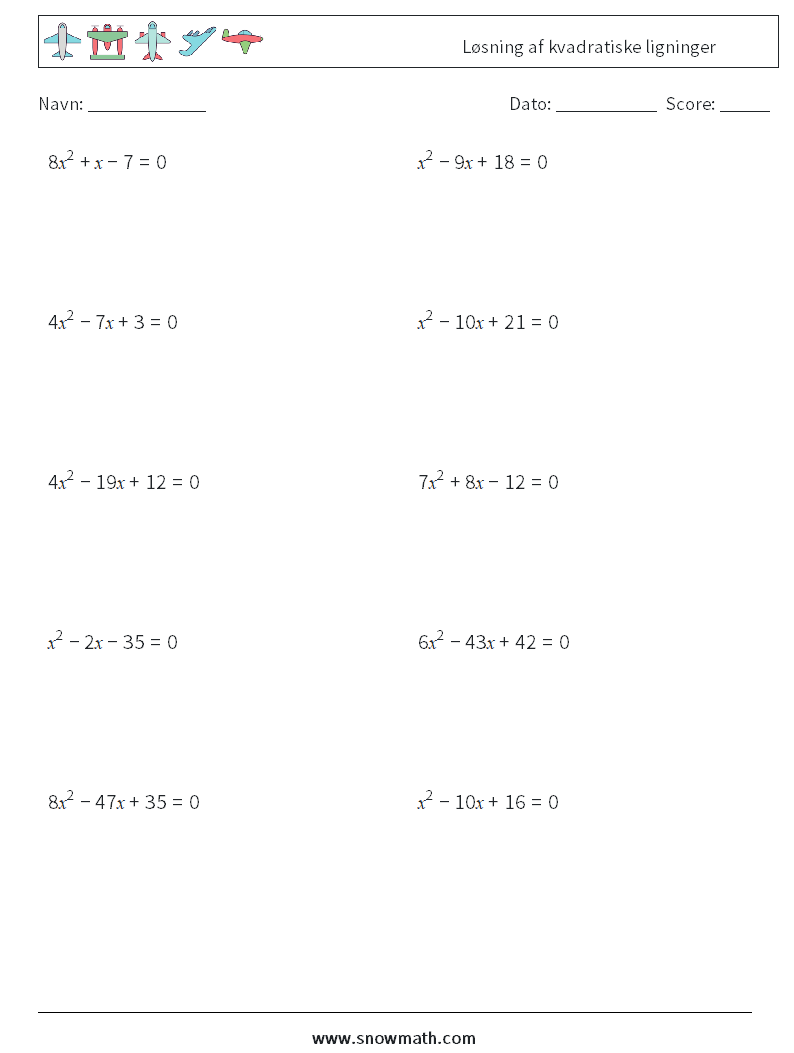 Løsning af kvadratiske ligninger Matematiske regneark 7