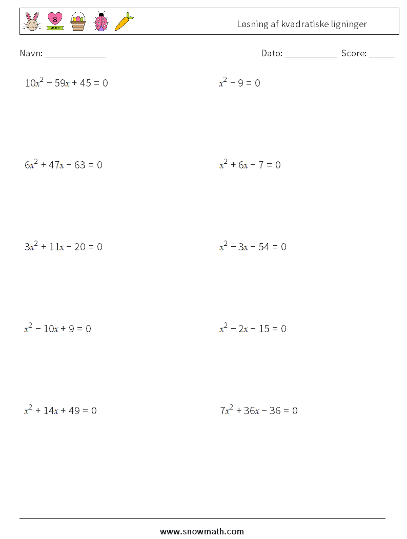 Løsning af kvadratiske ligninger Matematiske regneark 8