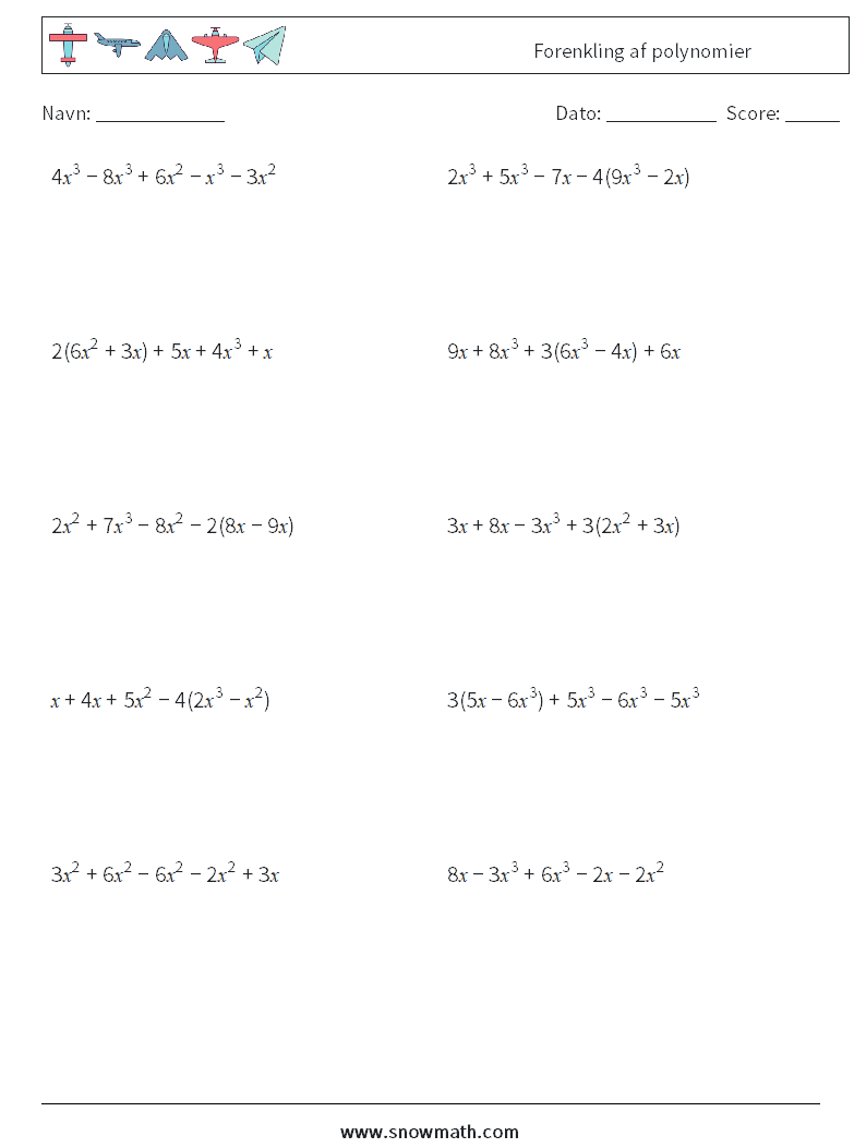 Forenkling af polynomier Matematiske regneark 1