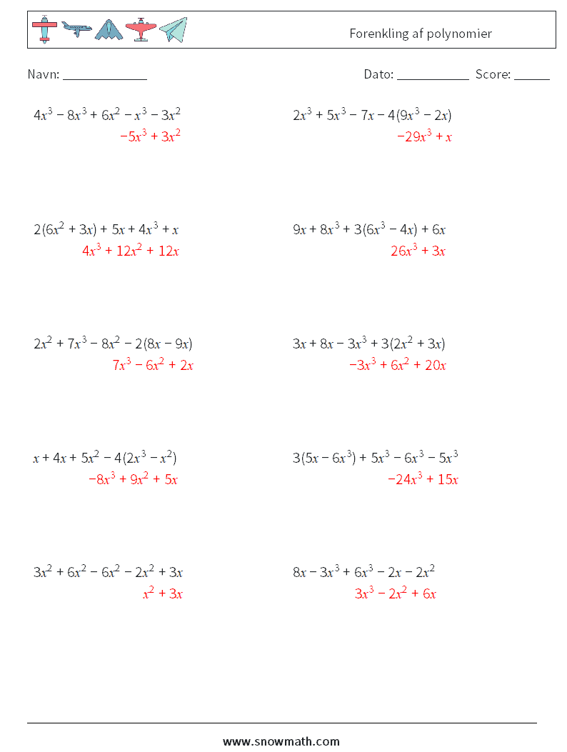 Forenkling af polynomier Matematiske regneark 1 Spørgsmål, svar