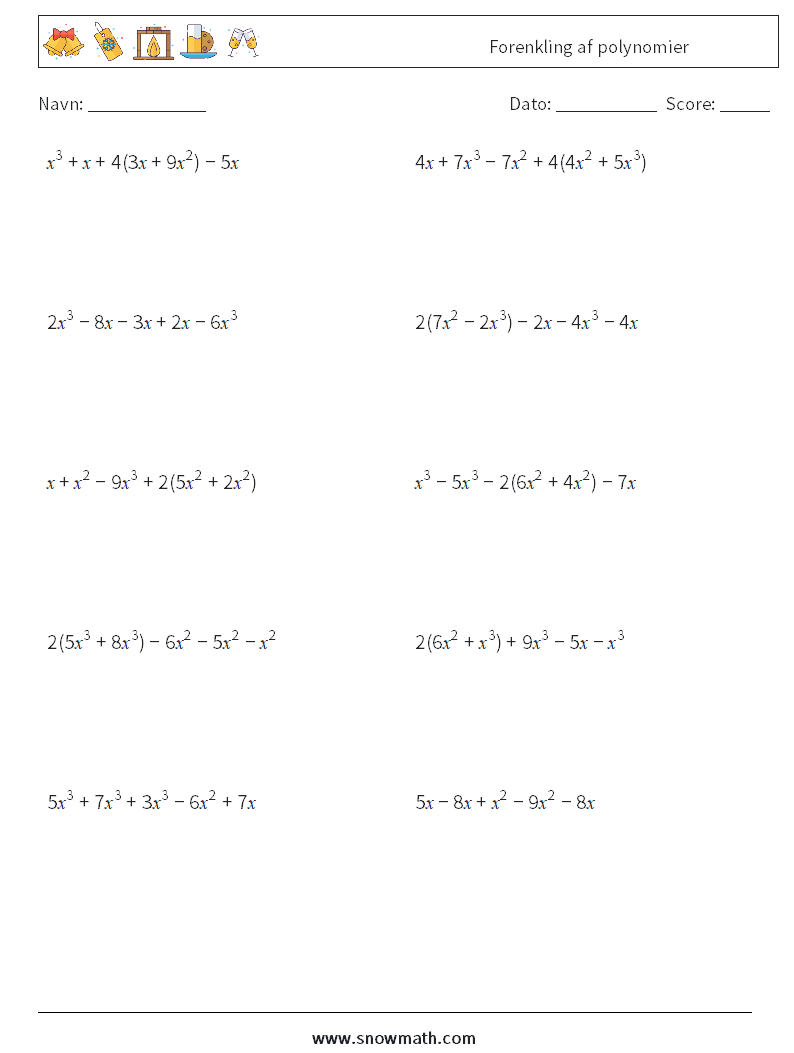 Forenkling af polynomier Matematiske regneark 4