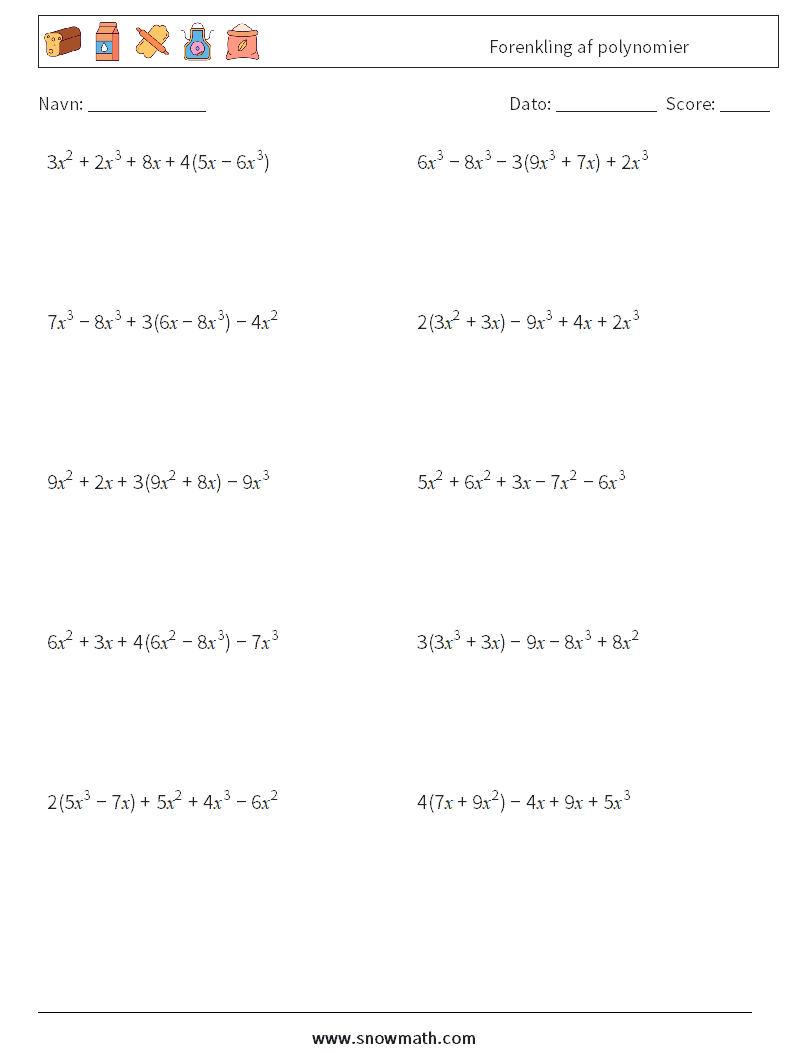 Forenkling af polynomier Matematiske regneark 5