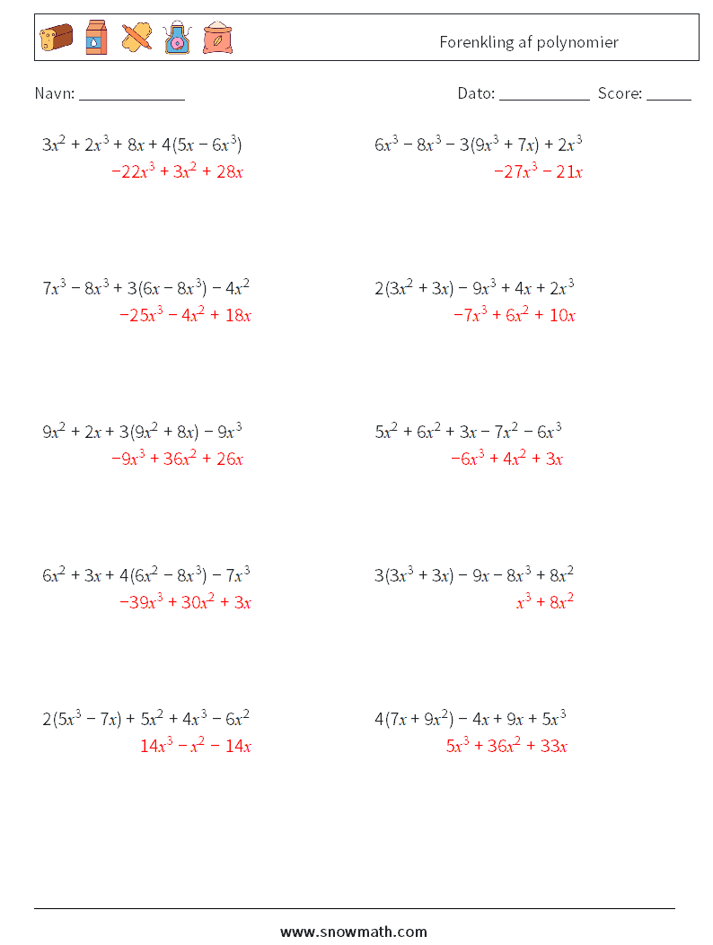 Forenkling af polynomier Matematiske regneark 5 Spørgsmål, svar