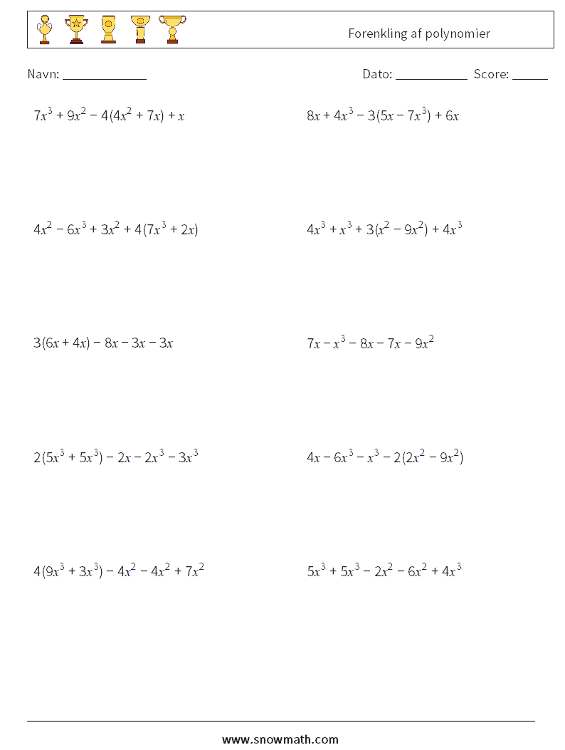 Forenkling af polynomier Matematiske regneark 6