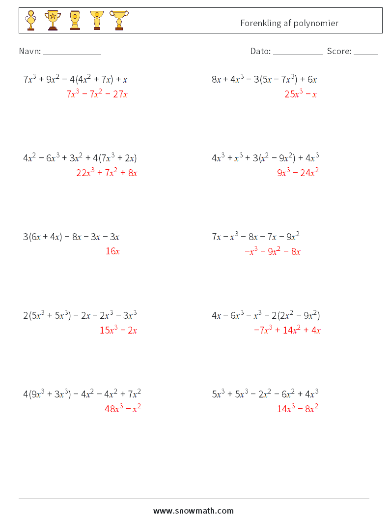 Forenkling af polynomier Matematiske regneark 6 Spørgsmål, svar