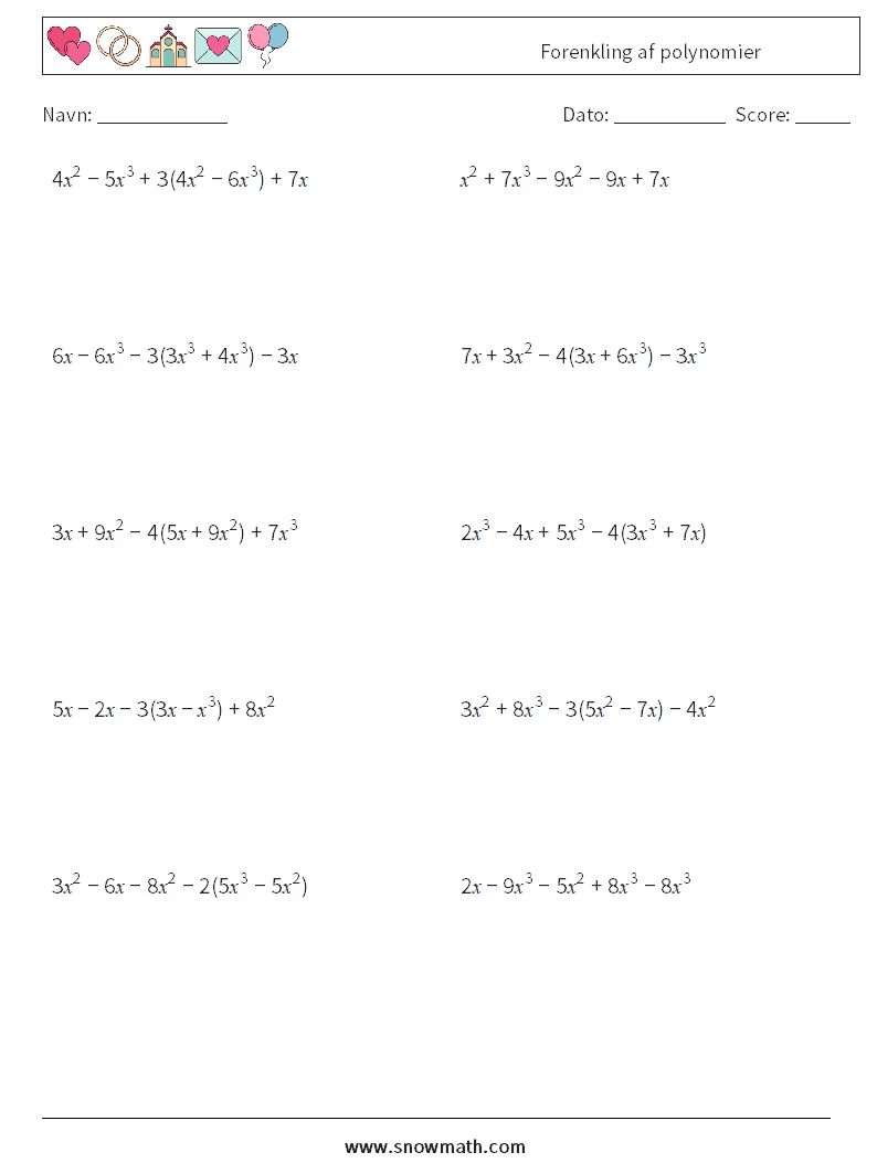 Forenkling af polynomier Matematiske regneark 7