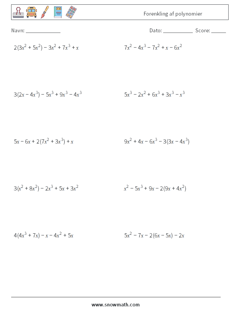 Forenkling af polynomier Matematiske regneark 8