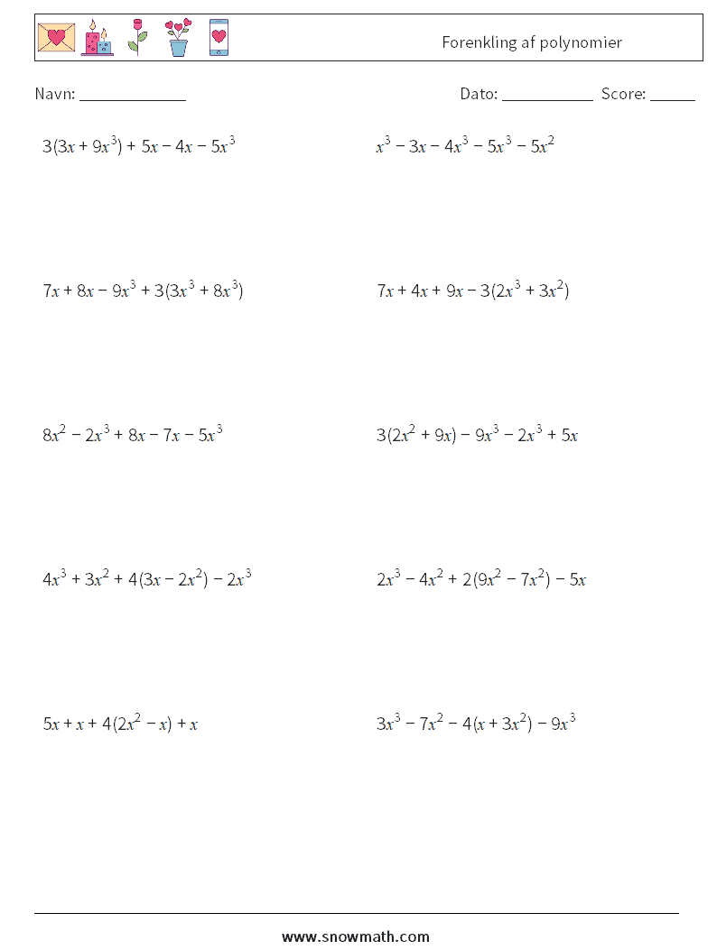 Forenkling af polynomier Matematiske regneark 9