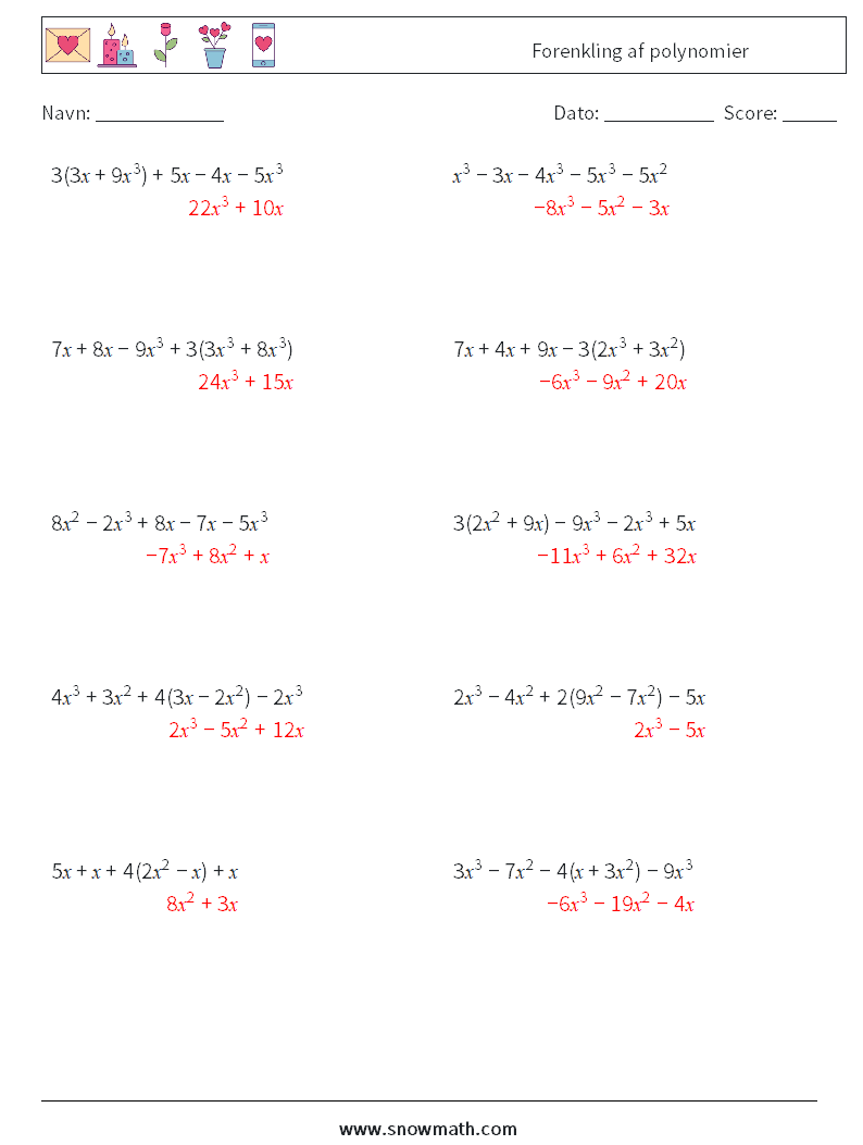 Forenkling af polynomier Matematiske regneark 9 Spørgsmål, svar