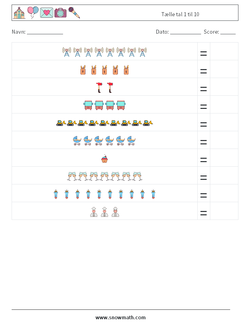 Tælle tal 1 til 10 Matematiske regneark 1