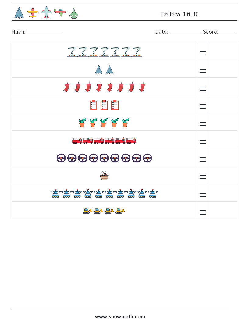 Tælle tal 1 til 10 Matematiske regneark 11