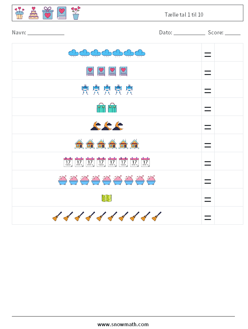 Tælle tal 1 til 10 Matematiske regneark 12