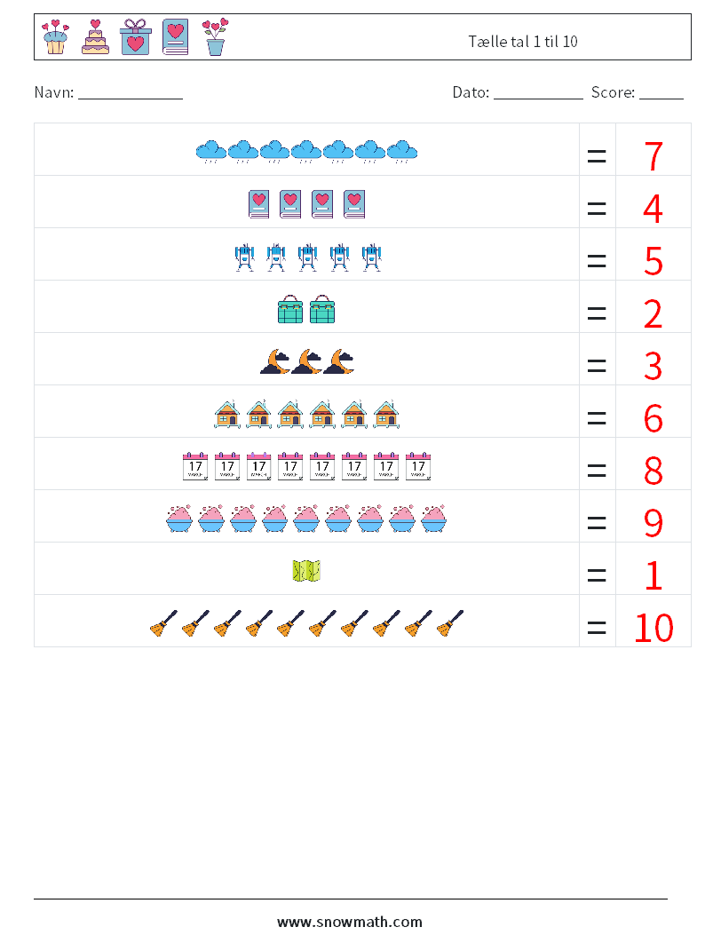 Tælle tal 1 til 10 Matematiske regneark 12 Spørgsmål, svar