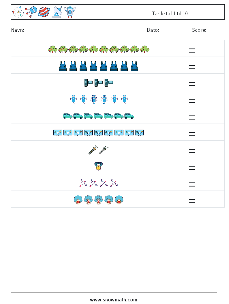 Tælle tal 1 til 10 Matematiske regneark 13